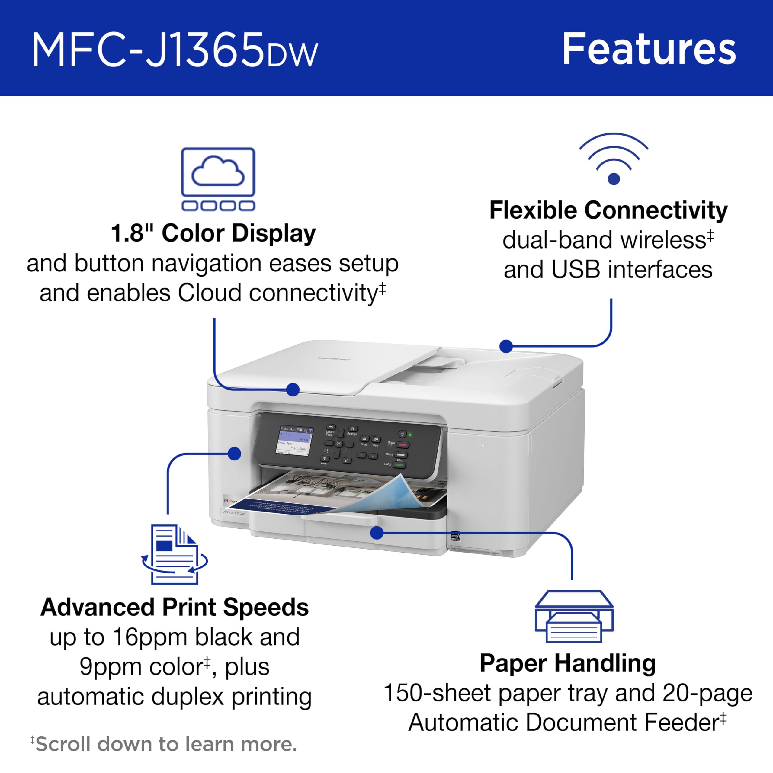 Brother INKvestment 1365 Wireless Color Inkjet All-in-One Printer with Automatic Duplex Printing and 1.8” Color Display | Includes Refresh Subscription Trial(1) (MFC-J1365DW) - Image 3