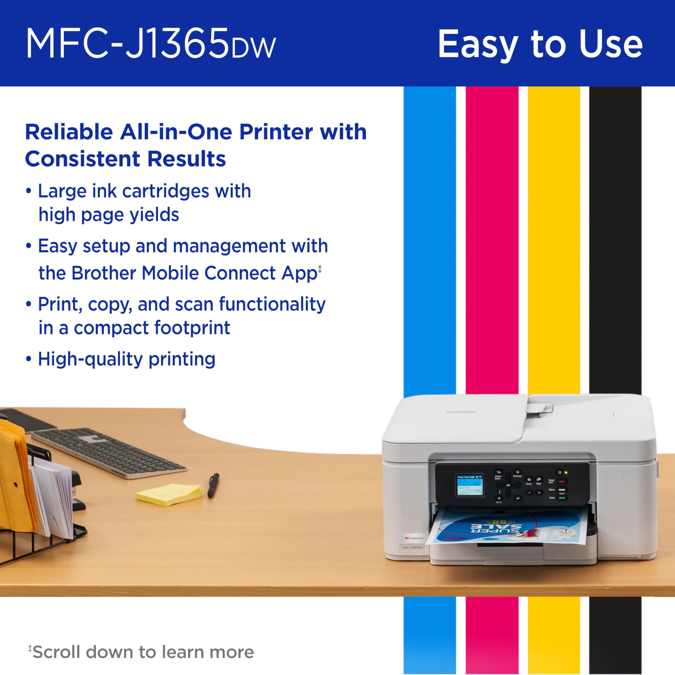 Brother INKvestment 1365 Wireless Color Inkjet All-in-One Printer with Automatic Duplex Printing and 1.8” Color Display | Includes Refresh Subscription Trial(1) (MFC-J1365DW) - Image 5