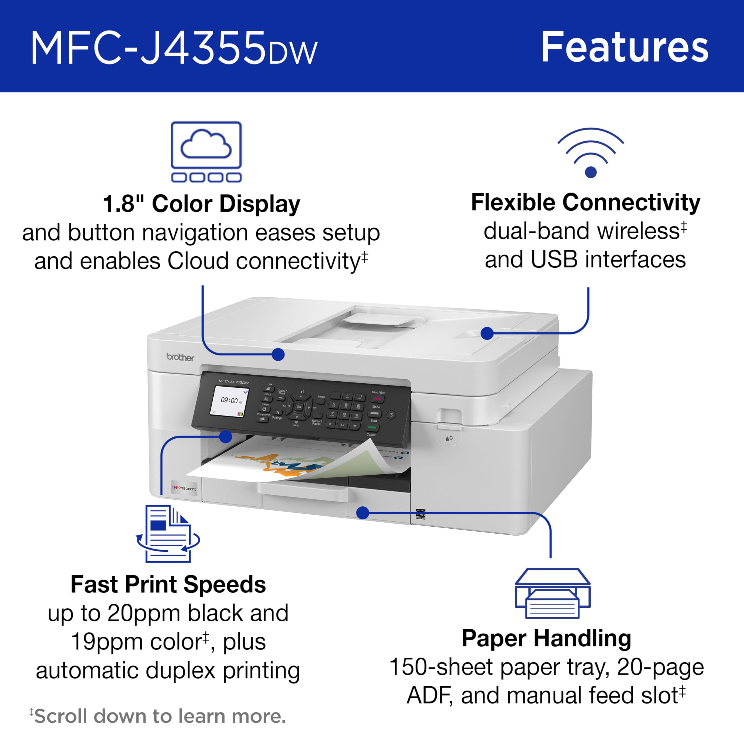 Brother INKvestment 4355 Wireless Color Inkjet All-in-One Printer with 1.8” Color Display and Manual Feed Slot | Includes Refresh Subscription Trial(1) (MFC-J4355DW) - Image 3