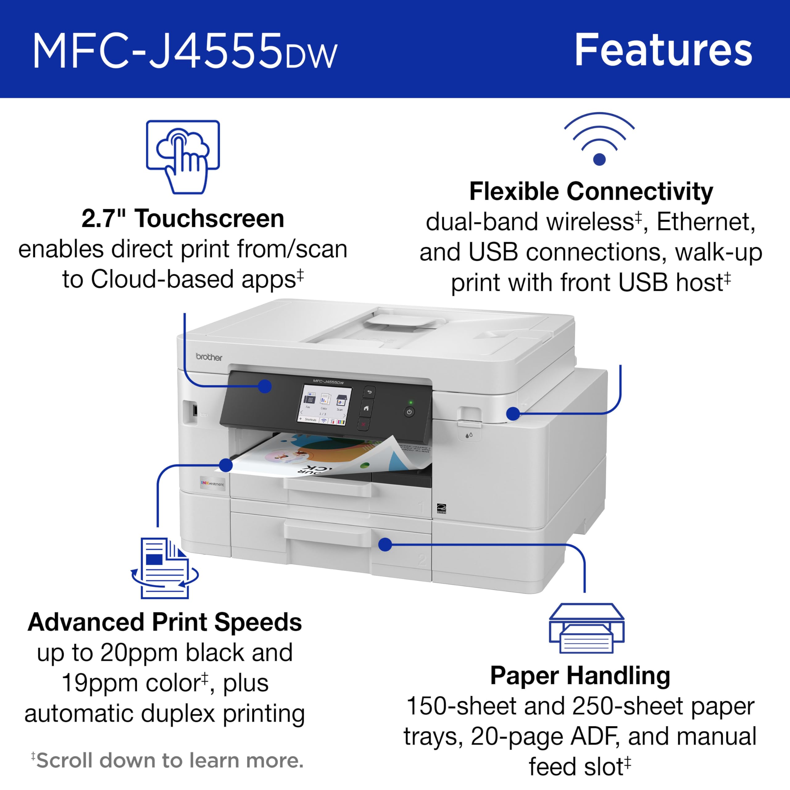 Brother INKvestment 4555 Wireless Color Inkjet All-in-One Printer with 2.7” Color Touchscreen and 2 Paper Trays | Includes Refresh Subscription Trial(1) (MFC-J4555DW) - Image 3