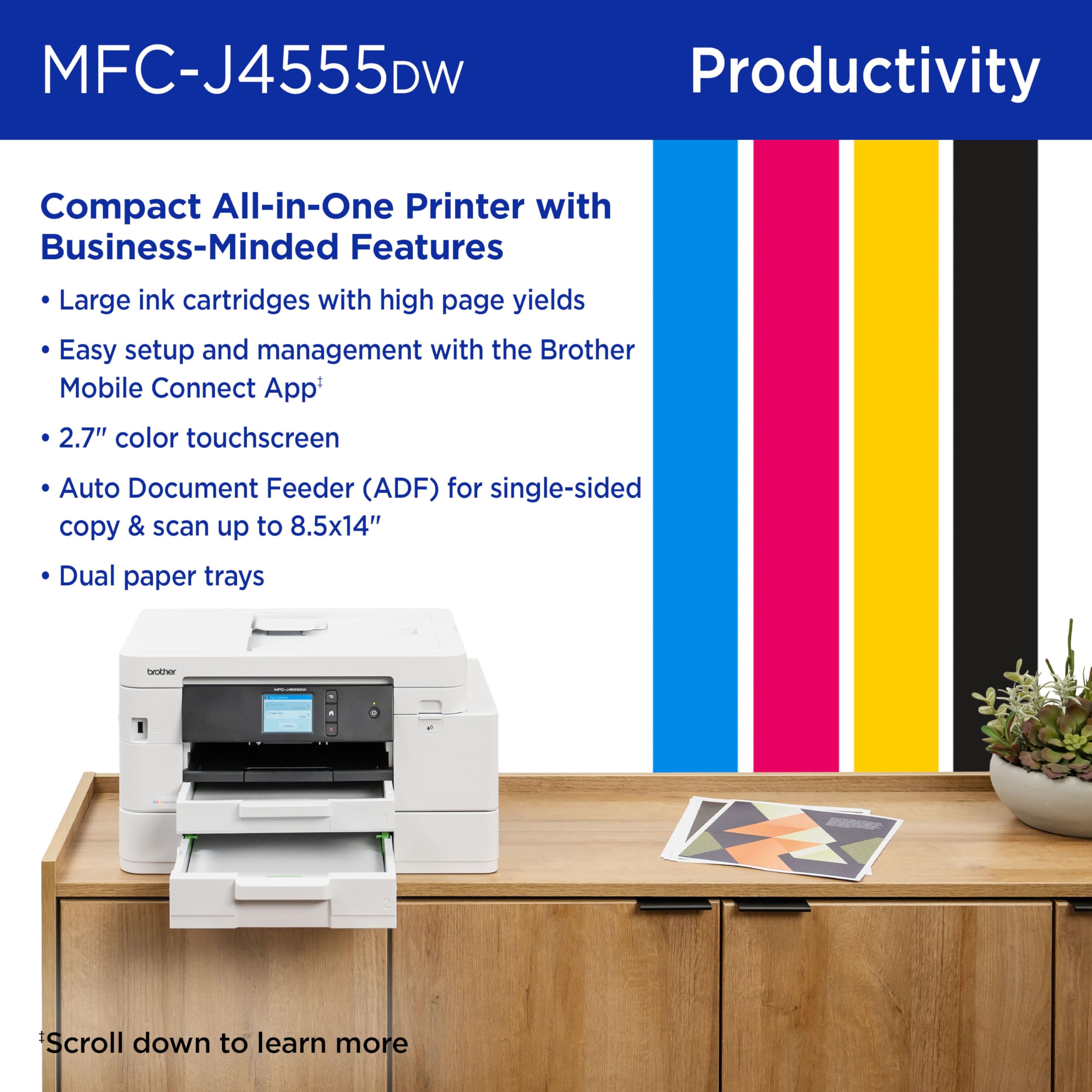 Brother INKvestment 4555 Wireless Color Inkjet All-in-One Printer with 2.7” Color Touchscreen and 2 Paper Trays | Includes Refresh Subscription Trial(1) (MFC-J4555DW) - Image 5