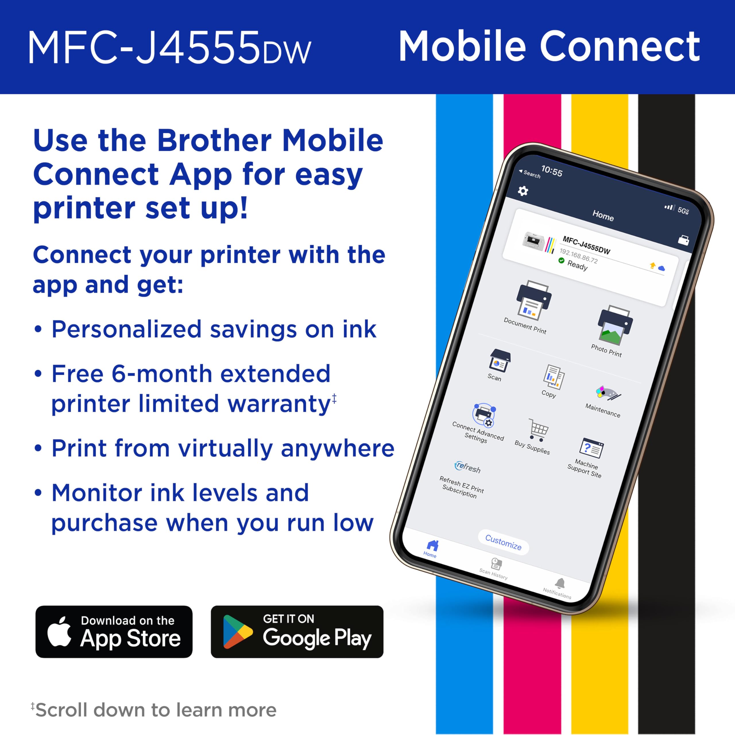 Brother INKvestment 4555 Wireless Color Inkjet All-in-One Printer with 2.7” Color Touchscreen and 2 Paper Trays | Includes Refresh Subscription Trial(1) (MFC-J4555DW) - Image 6