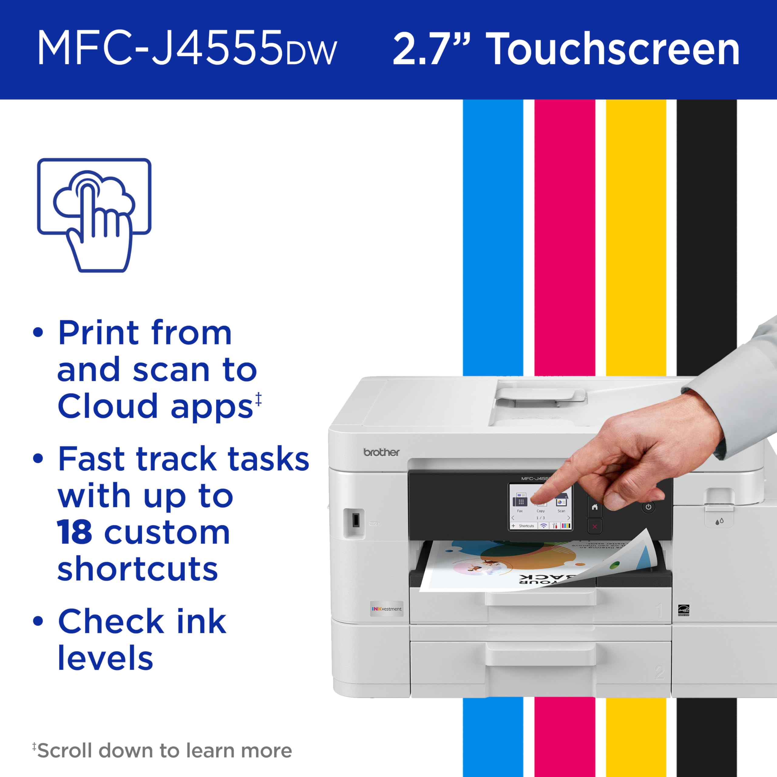 Brother INKvestment 4555 Wireless Color Inkjet All-in-One Printer with 2.7” Color Touchscreen and 2 Paper Trays | Includes Refresh Subscription Trial(1) (MFC-J4555DW) - Image 7