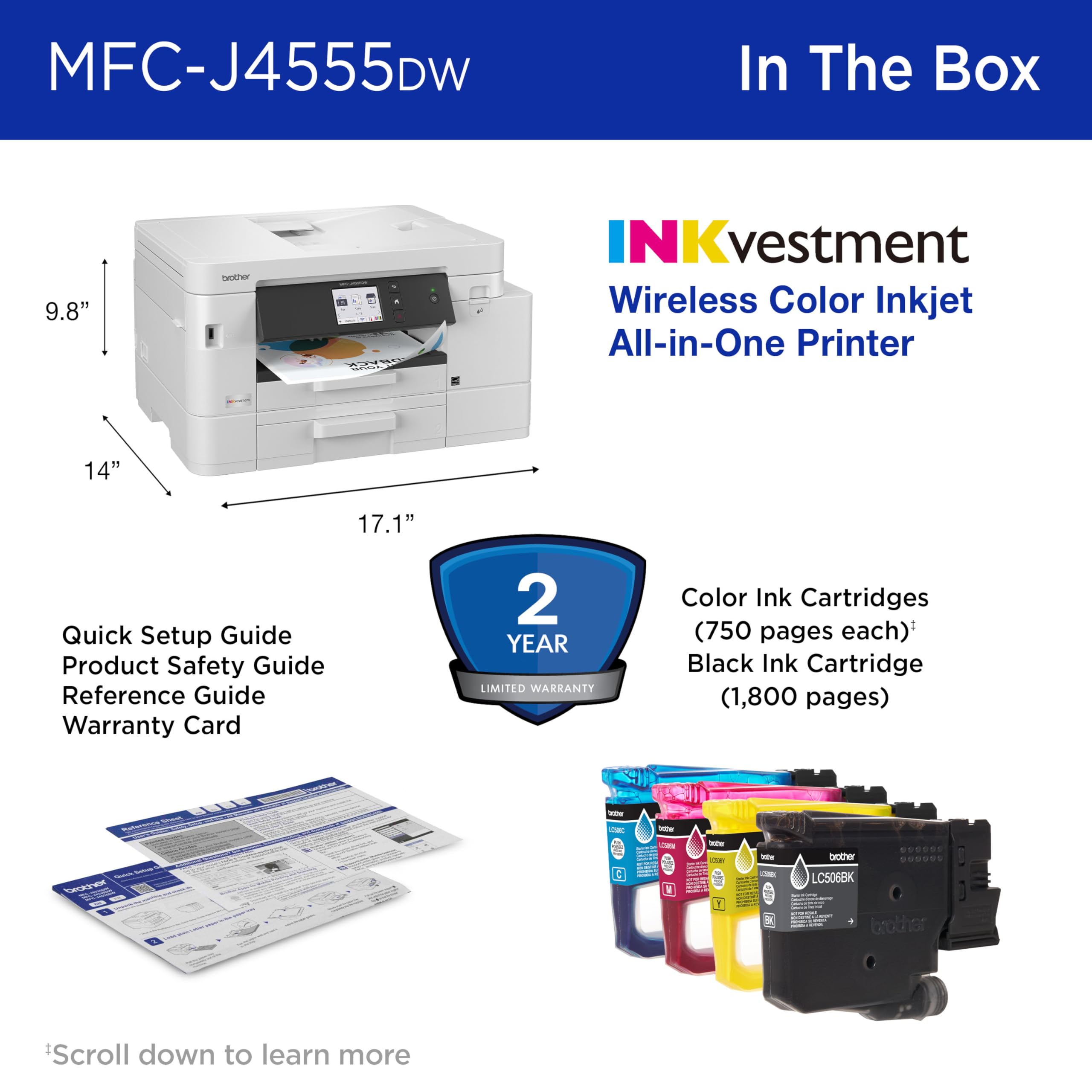 Brother INKvestment 4555 Wireless Color Inkjet All-in-One Printer with 2.7” Color Touchscreen and 2 Paper Trays | Includes Refresh Subscription Trial(1) (MFC-J4555DW) - Image 8