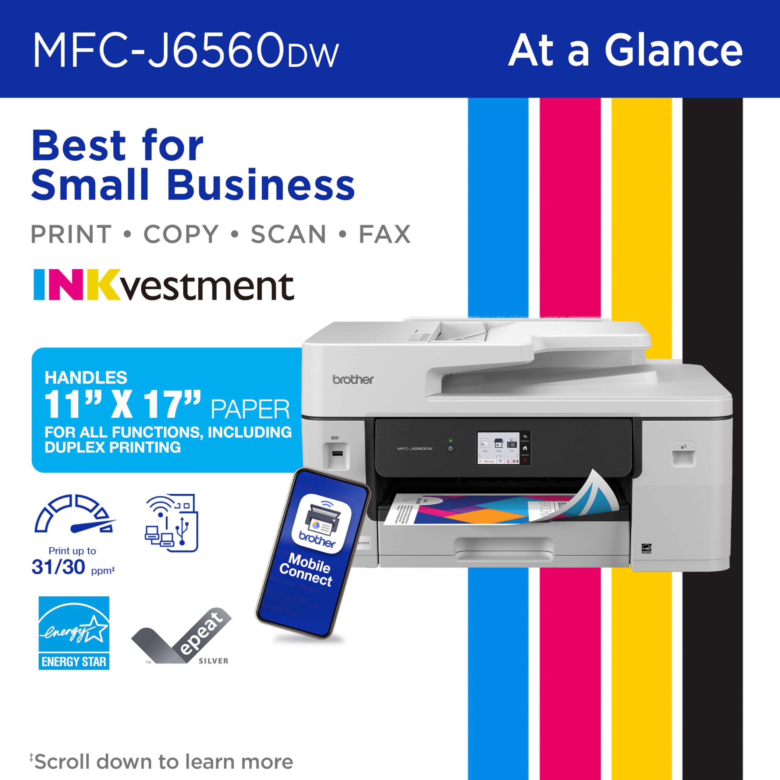 Brother INKvestment 6560 Wireless Color Inkjet All-in-One Printer with 11”x17” Capabilities and 2.7” Color Touchscreen | Includes Refresh Subscription Trial(1) (MFC-J6560DW) - Image 4