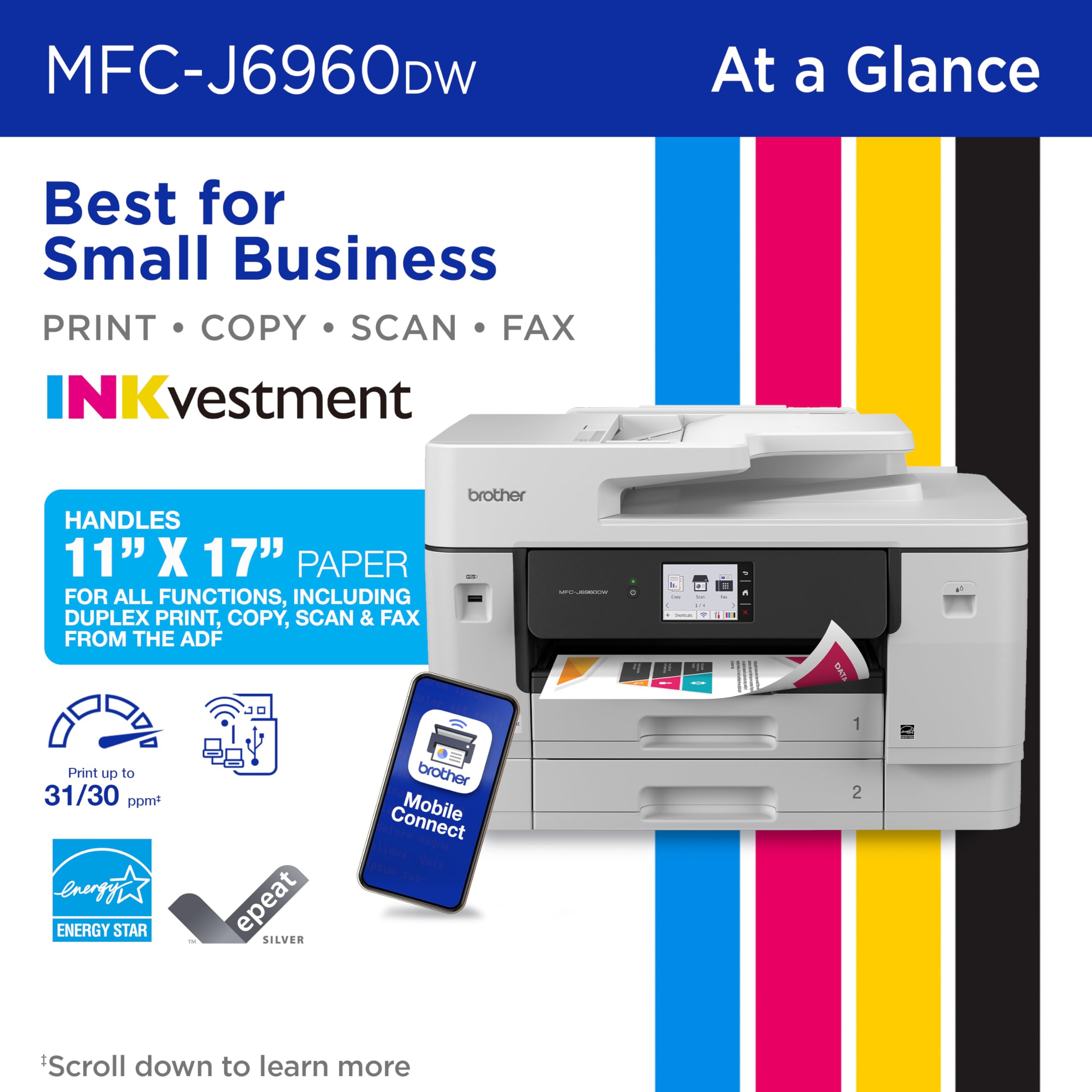 Brother INKvestment 6960 Wireless Color Inkjet All-in-One Printer with 11”x17” Capabilities and 3.5” Color Touchscreen | Includes Refresh Subscription Trial(1) (MFC-J6960DW) - Image 4