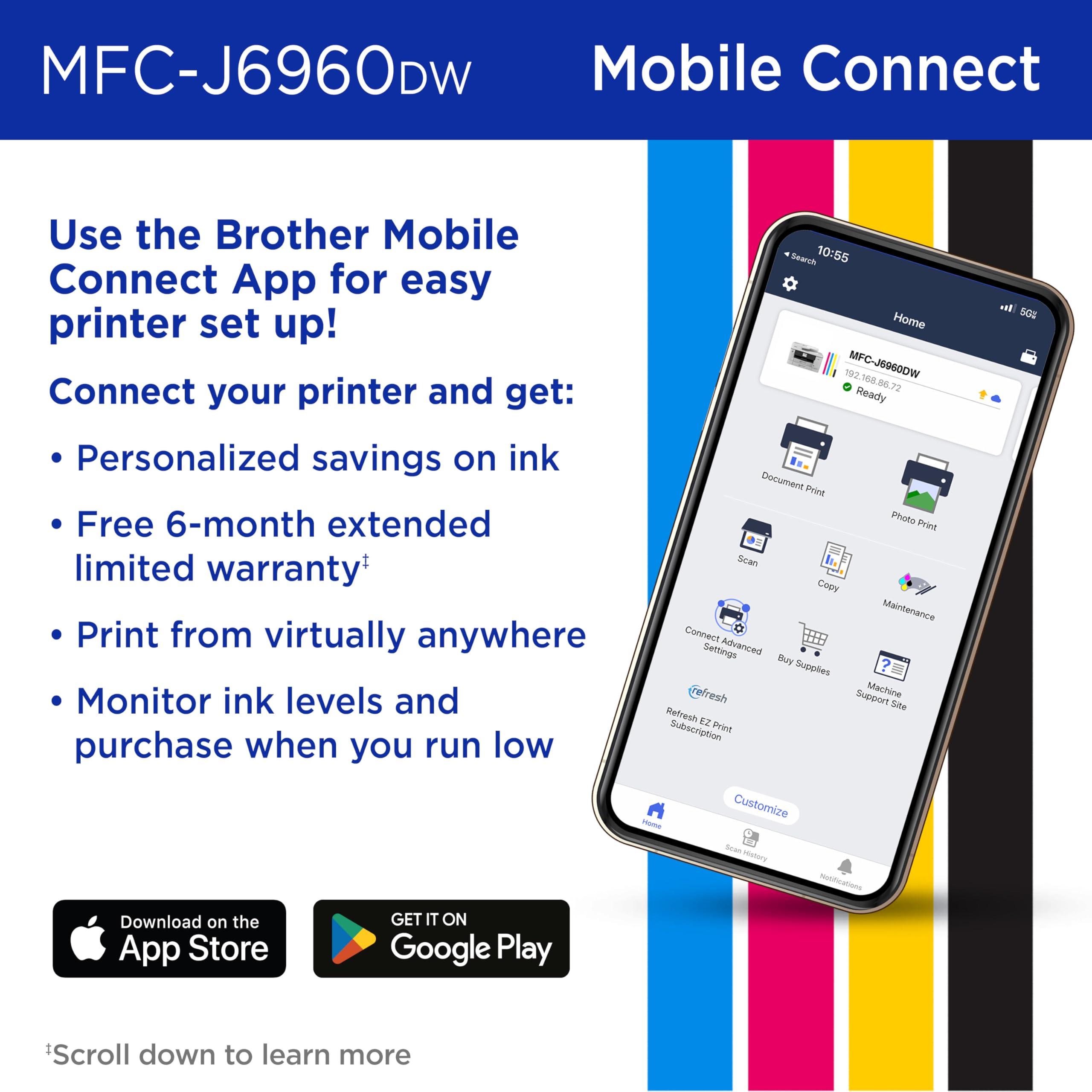 Brother INKvestment 6960 Wireless Color Inkjet All-in-One Printer with 11”x17” Capabilities and 3.5” Color Touchscreen | Includes Refresh Subscription Trial(1) (MFC-J6960DW) - Image 8