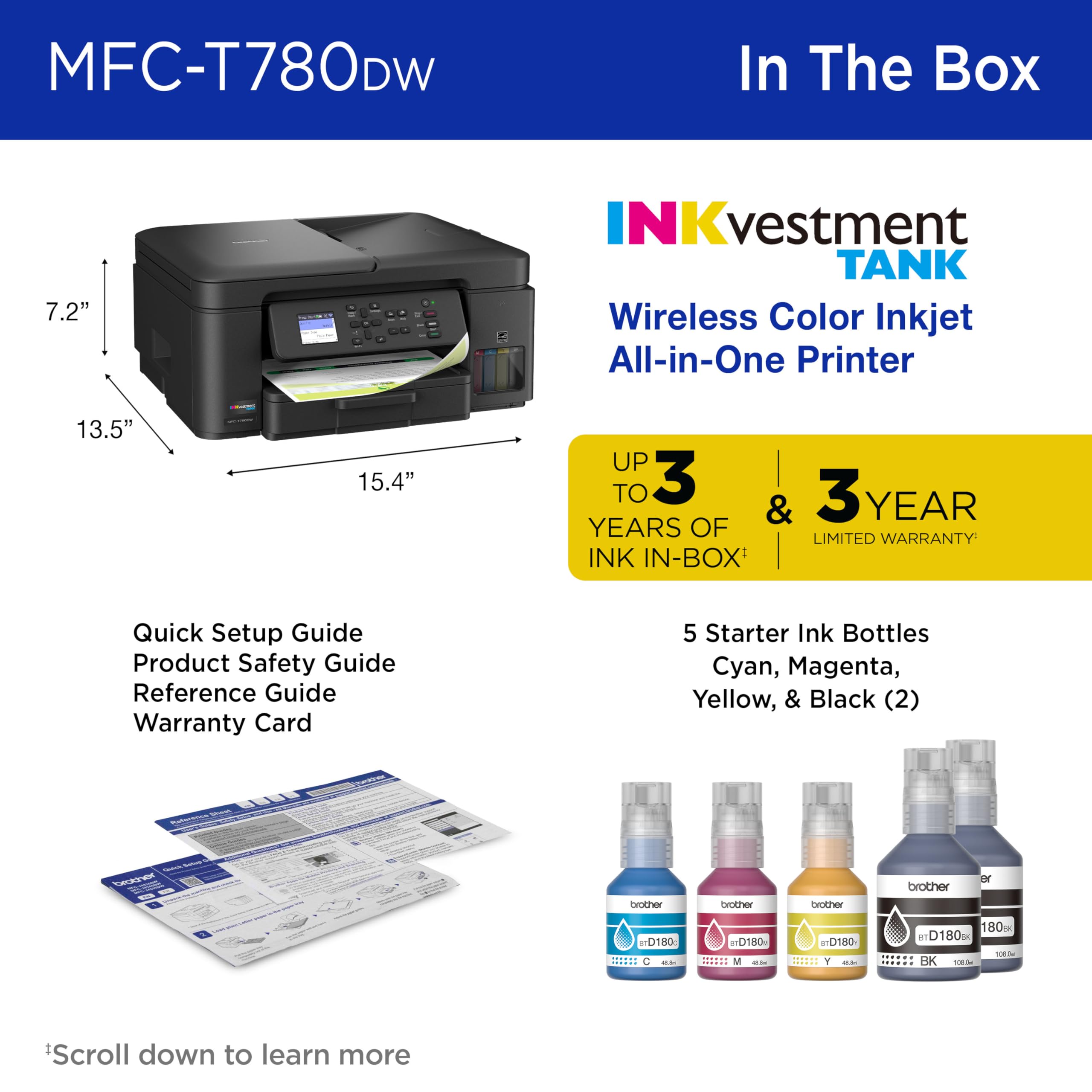 Brother INKvestment Tank 780 Wireless Color Inkjet All-in-One Printer with Duplex Printing | Includes up to 3 Years of Ink in-Box(1) and a 3-Year Limited Warranty(2) (MFC-T780DW) - Image 8