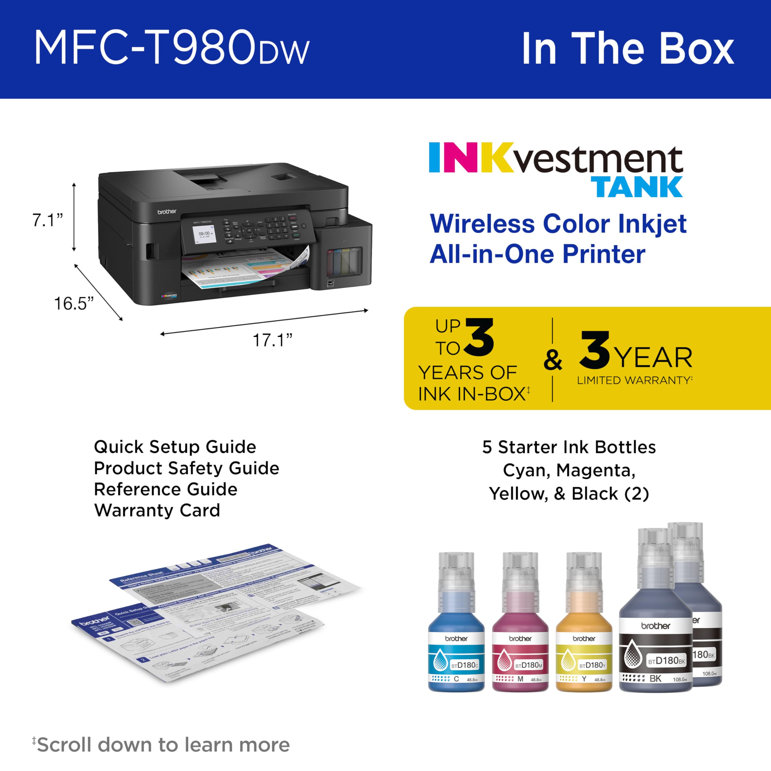 Brother INKvestment Tank 980 Wireless and Ethernet Color Inkjet All-in-One Printer with Multipurpose Tray | Includes up to 3 Years of Ink in-Box(1) and Limited Warranty(2) (MFC-T980DW) - Image 8