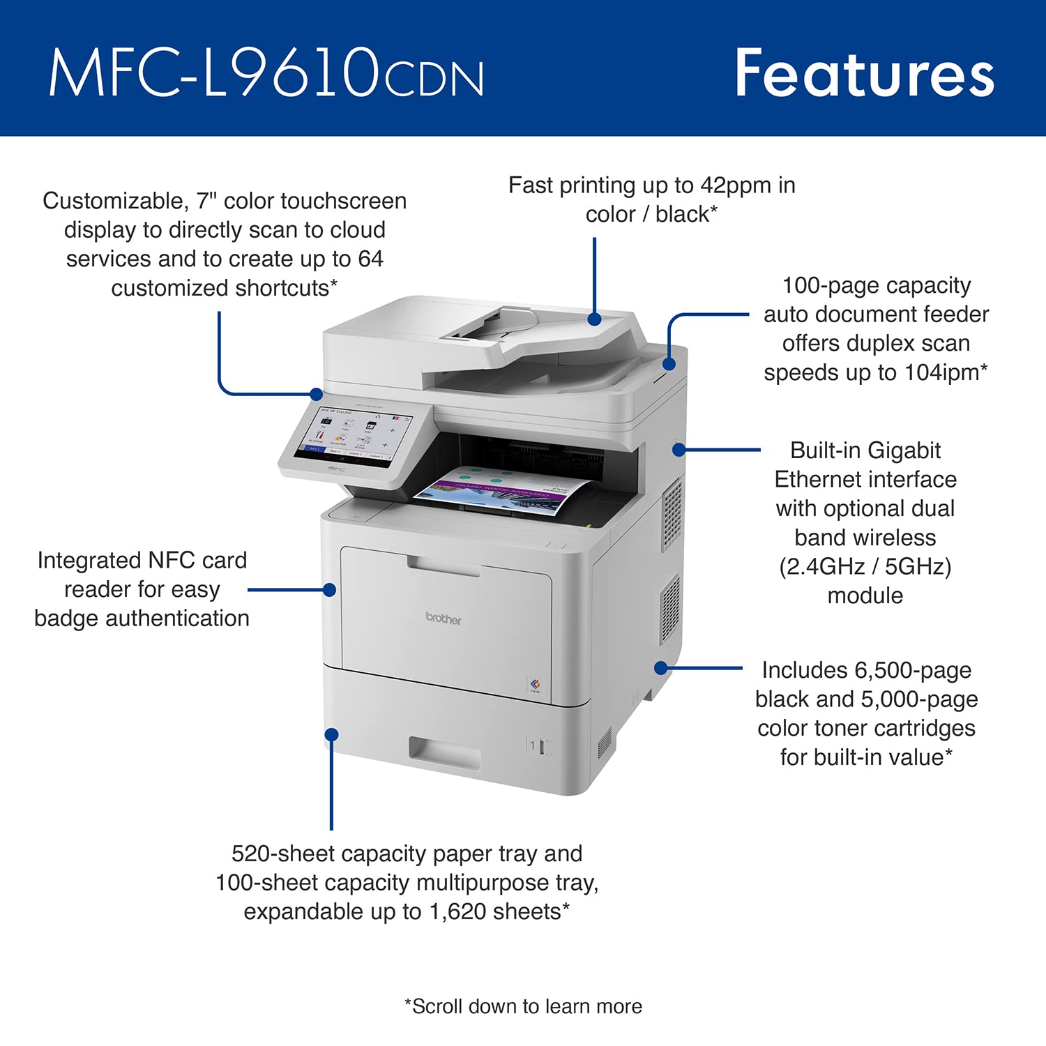 Brother MFC‐L9610CDN Enterprise Color Laser All‐in‐One Printer with Fast Printing, Large Paper Capacity, and Advanced Security Features - Image 3