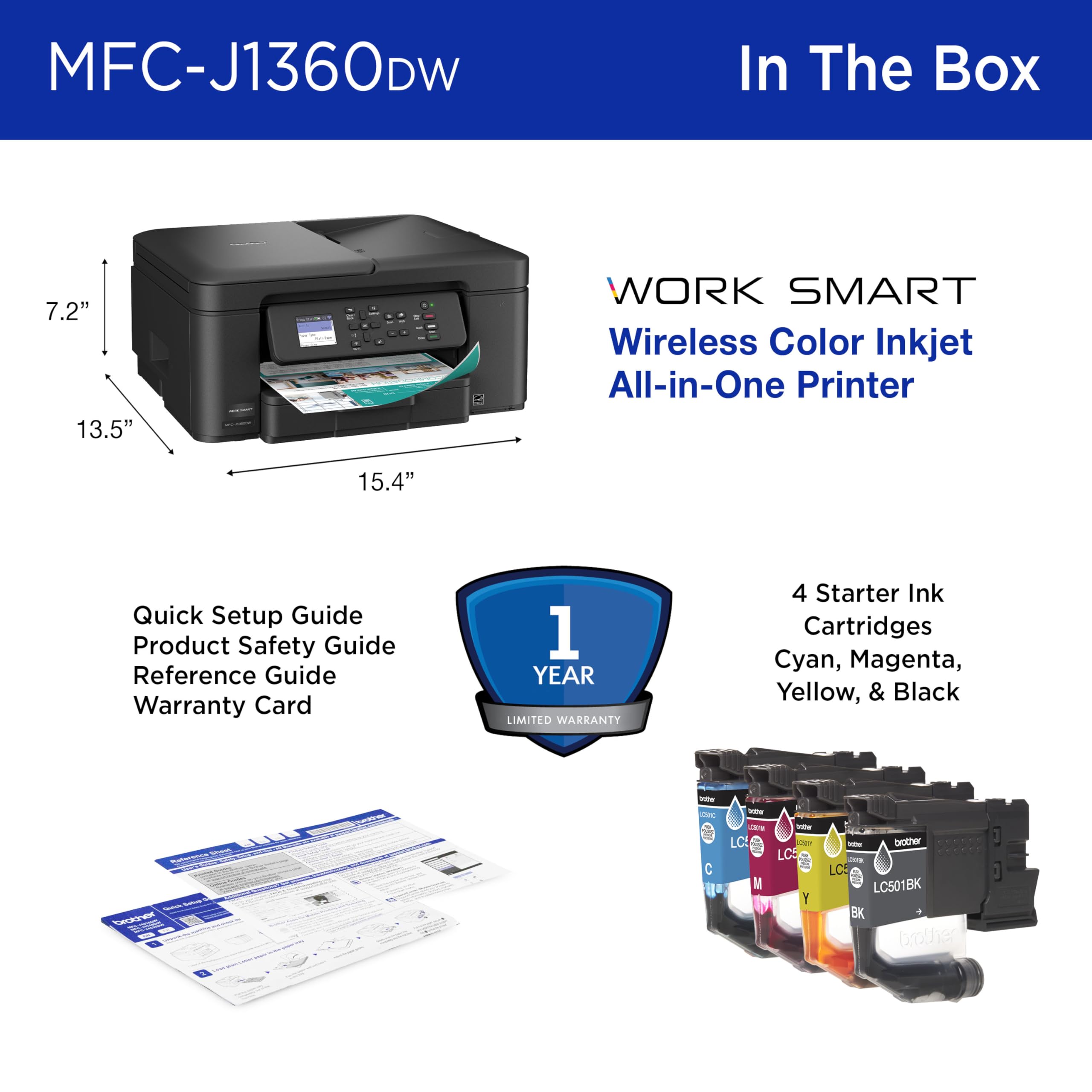 Brother Work Smart 1360 Wireless Color Inkjet All-in-One Printer with Automatic Duplex Printing and 1.8” Color Display | Includes Refresh Subscription Trial(1) (MFC-J1360DW) (Uses LC501 Series Inks) - Image 7