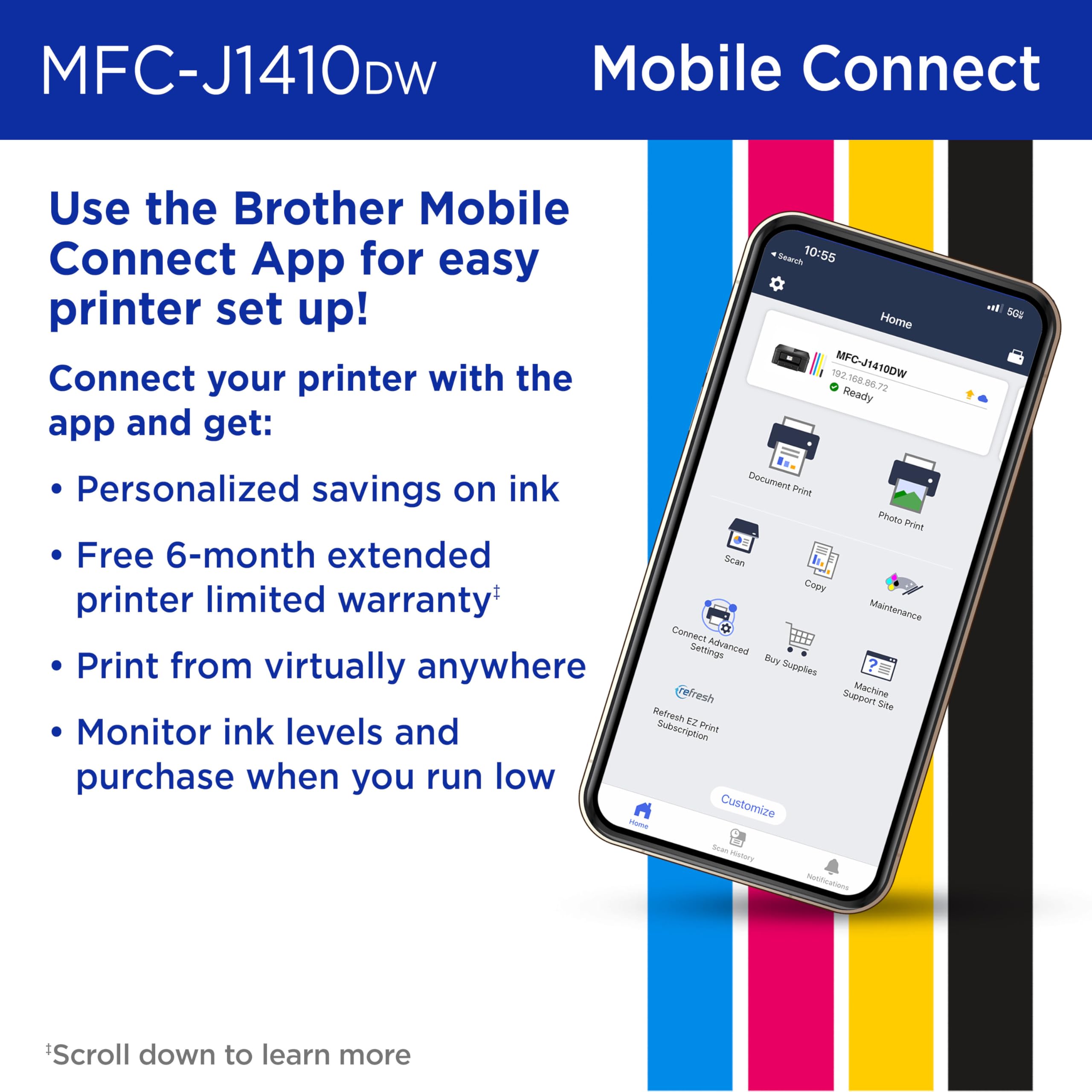 Brother Work Smart 1410 Wireless Color Inkjet All-in-One Printer with 2.7” Touchscreen and Automatic Duplex Printing | Includes Refresh Subscription Trial(1) (MFC-J1410DW) - Image 5