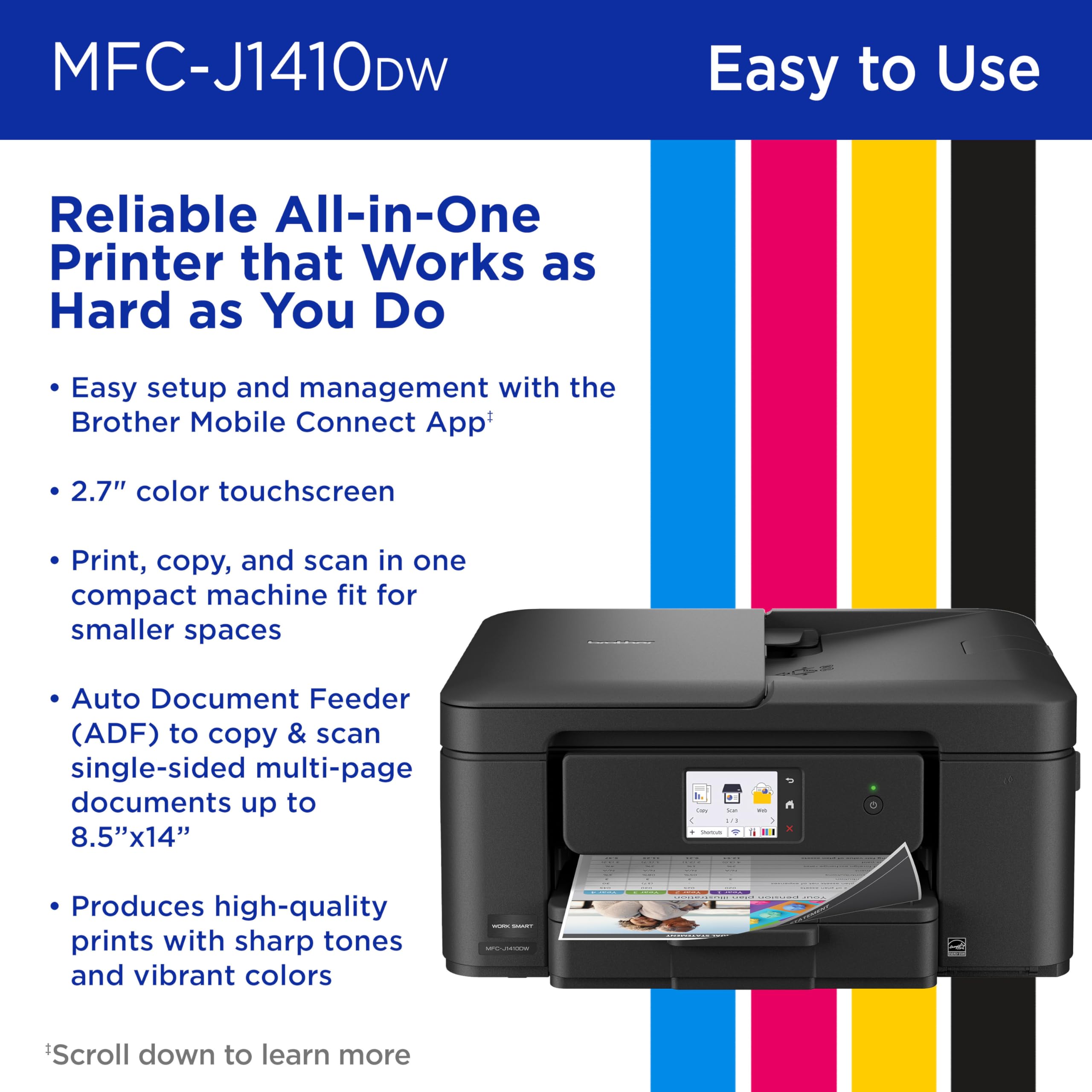 Brother Work Smart 1410 Wireless Color Inkjet All-in-One Printer with 2.7” Touchscreen and Automatic Duplex Printing | Includes Refresh Subscription Trial(1) (MFC-J1410DW) - Image 6